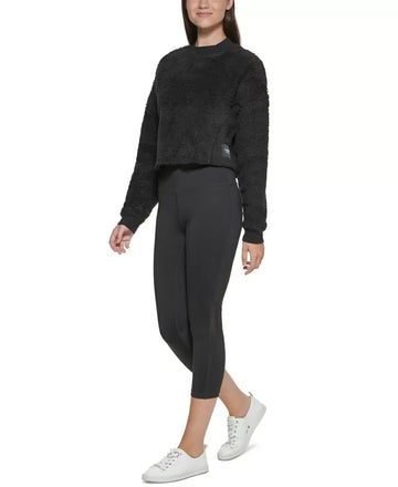 CALVIN KLEIN Women's Faux-Sherpa Cropped Pullover Top Black Size XXL MSRP $60