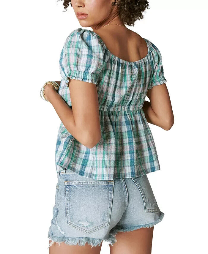 Lucky Brand Women's Plaid Tie-Front Babydoll Top Green Size S MSRP $80
