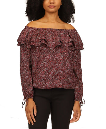 Michael Kors Women's Pop Paisley Off-The-Shoulder Top Burgundy Red Size XS $88