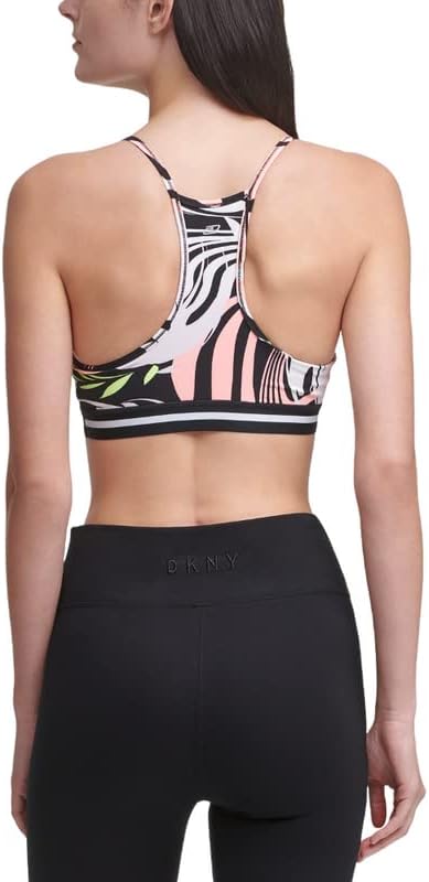 DKNY Women's Dizzy Printed Racerback Medium Impact Sports Bra Atomic Pink, Large