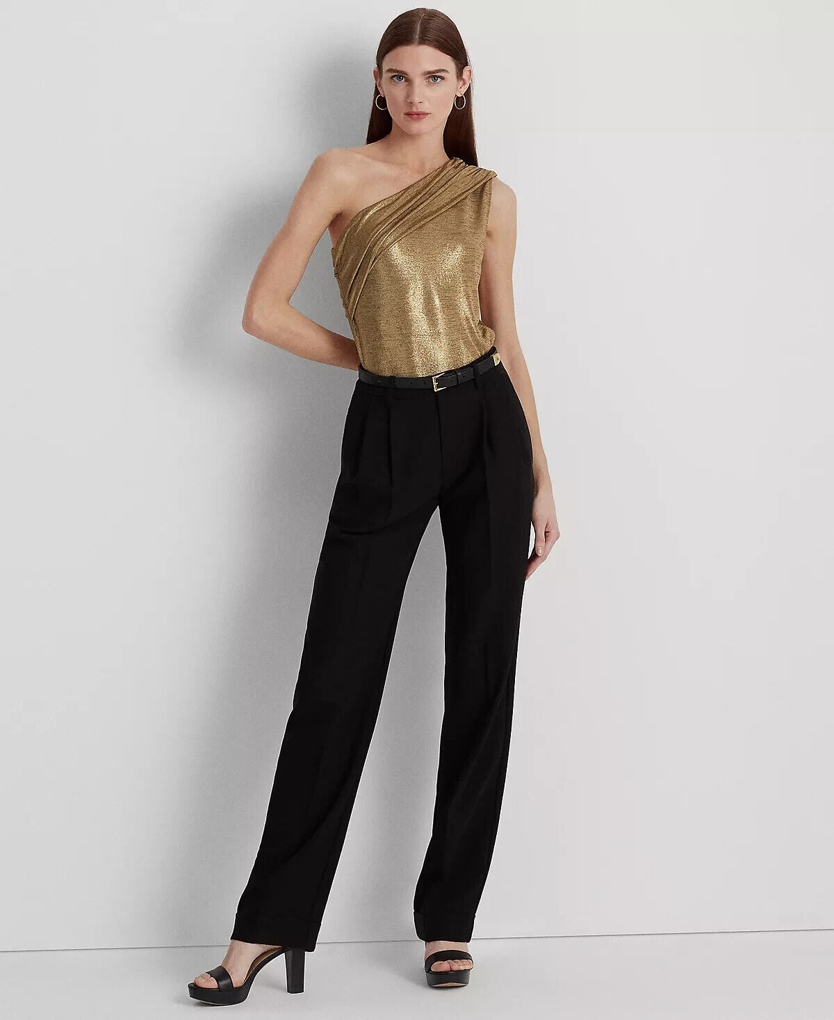 LAUREN RALPH LAUREN Women Foil-Print Jersey One-Shoulder Top Brown Size XXL $90