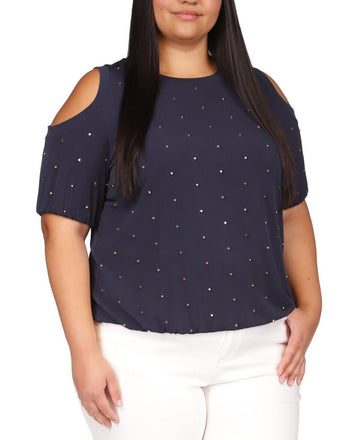 Michael Kors Plus Size 1X Cold-Shoulder Dot-Embellished Top Navy Blue MSRP $110