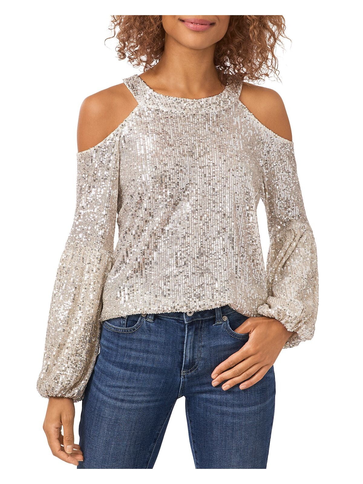 CECE Womens Beige Cold Shoulder Sequined Keyhole Balloon Sleeve Blouse Size XS