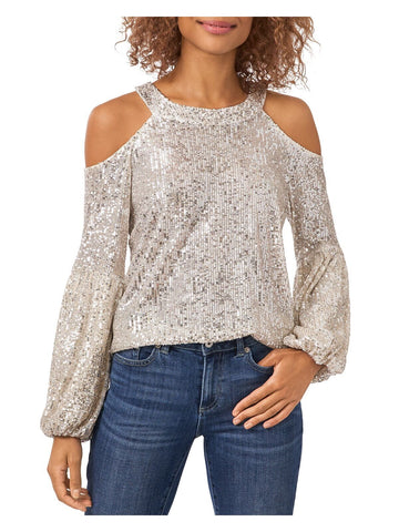 CECE Womens Beige Cold Shoulder Sequined Keyhole Balloon Sleeve Blouse Size XS