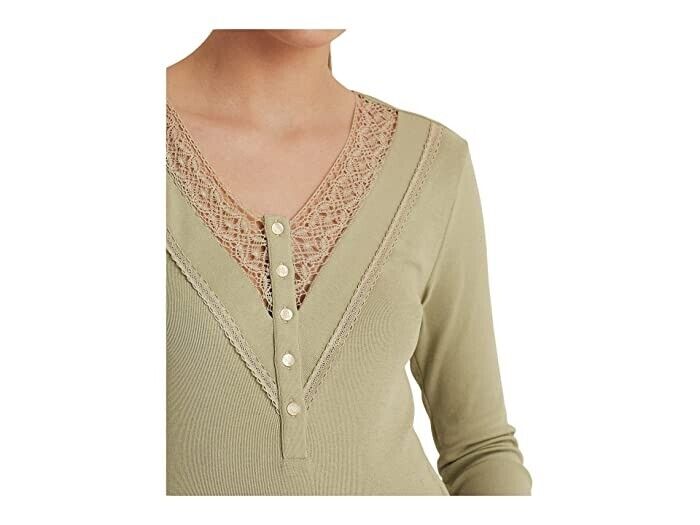 RALPH LAUREN Womens Green Lace 5 Button Placket V Top Green Size XL MSRP $80