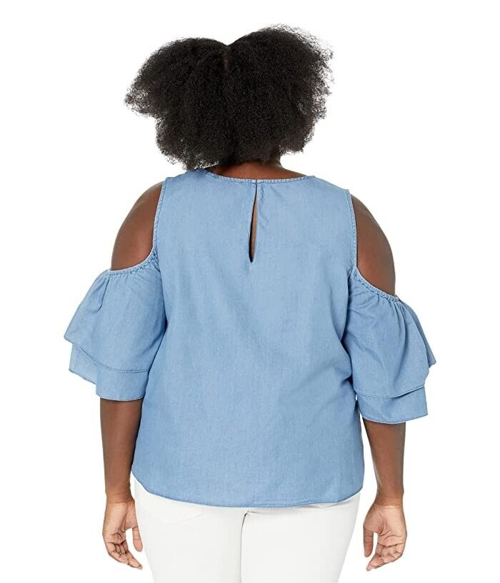 Michael Kors Plus Size Cold-Shoulder Ruffled Top Blue Size 1X MSRP $84