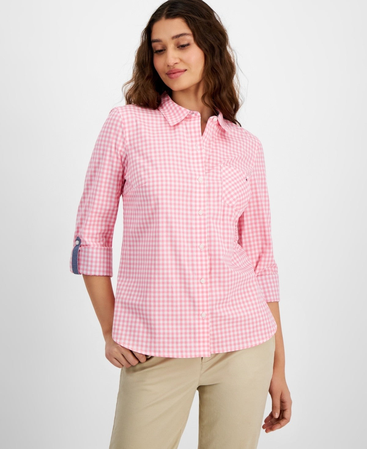 Tommy Hilfiger Women's Cotton Gingham Roll-Tab Shirt Pink Size M MSRP $70