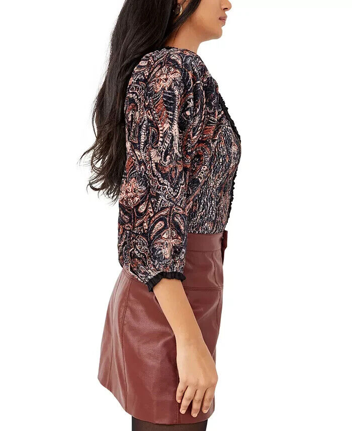 Free People Dare Me Tie-Back Velvet Blouse Navy Blue Orange Size XL MSRP $128