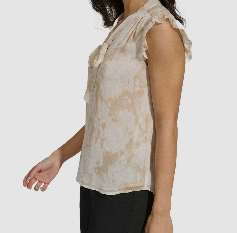 Calvin Klein Women's Beige Printed Cap-Sleeve Tie-Neck Top Size M MSRP $59