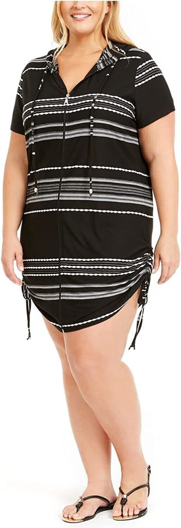 Dotti Plus Size Dahlia Stripe Zip Hoodie Cover-Up Swimsuit Black Size 1X $64