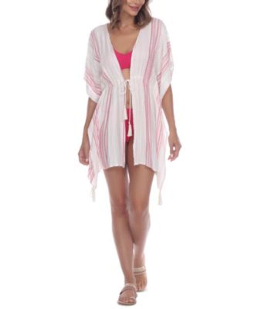 Raviya WHITE/PINK Striped Tassel Trim Cover-up Dress, US Size M