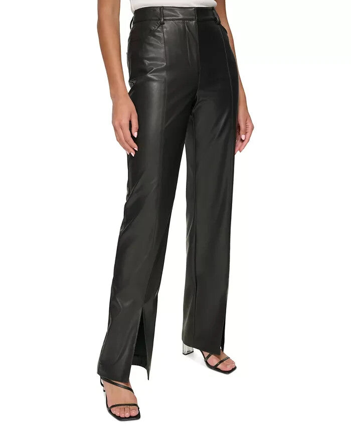 Calvin Klein Women's Faux Leather Split-Hem Pants BLACK Size 14 MSRP $109
