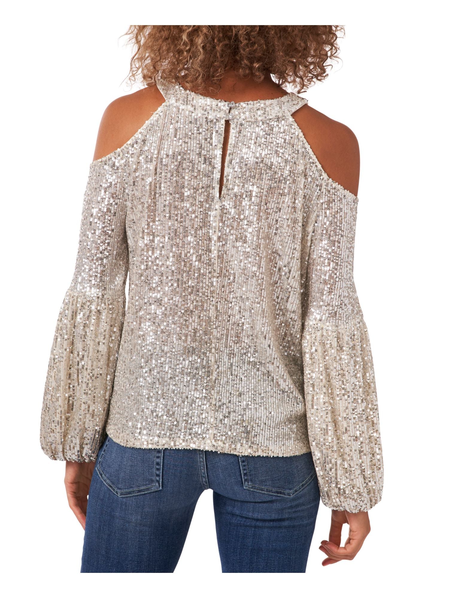 CECE Womens White Cold Shoulder Sequined Keyhole Closure Balloon Blouse Size M