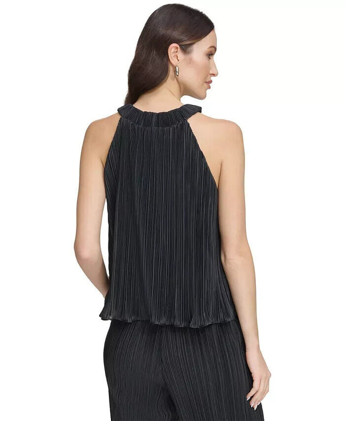 DKNY Womens Faux Leather Pleated Blouse Size L MSRP $69 BLACK