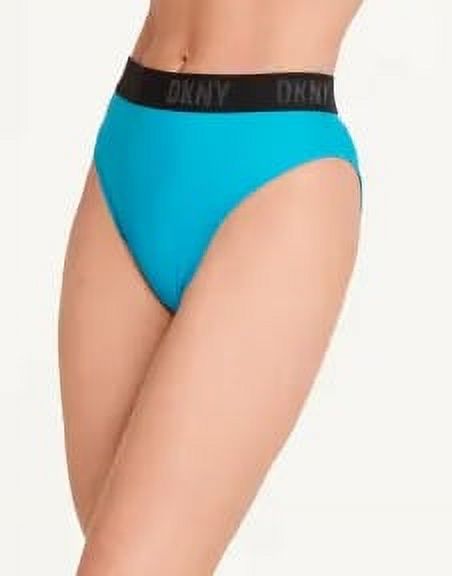 DKNY Women's Blue High-Waist Logo Bikini Bottoms Size L Blue