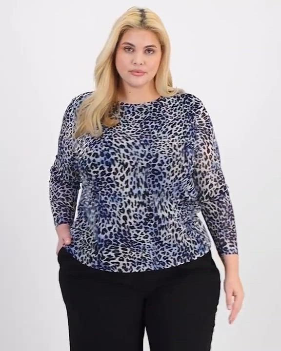 Bar III Plus Size Animal-Print Long-Sleeve Mesh Top Blue Size 1X MSRP $69