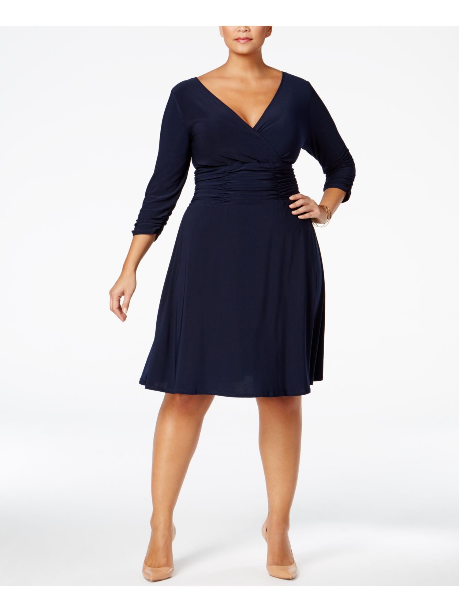 NY COLLECTION WOMAN Womens Navy Ruched 3/4 Sleeve V Neck Dress Plus 3X