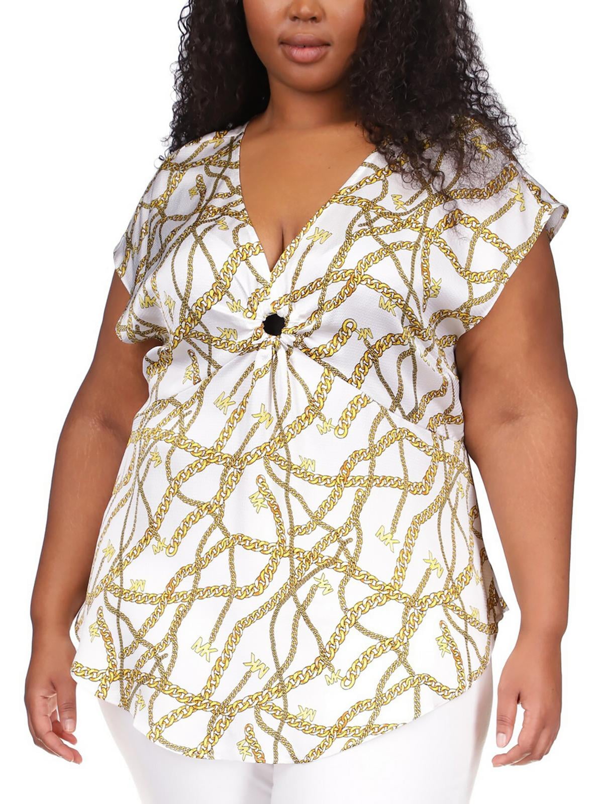 MICHAEL Michael Kors Womens Graphic Keyhole Blouse Plus Size 3X White Gold