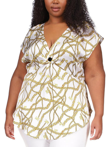 MICHAEL Michael Kors Womens Graphic Keyhole Blouse Plus Size 3X White Gold