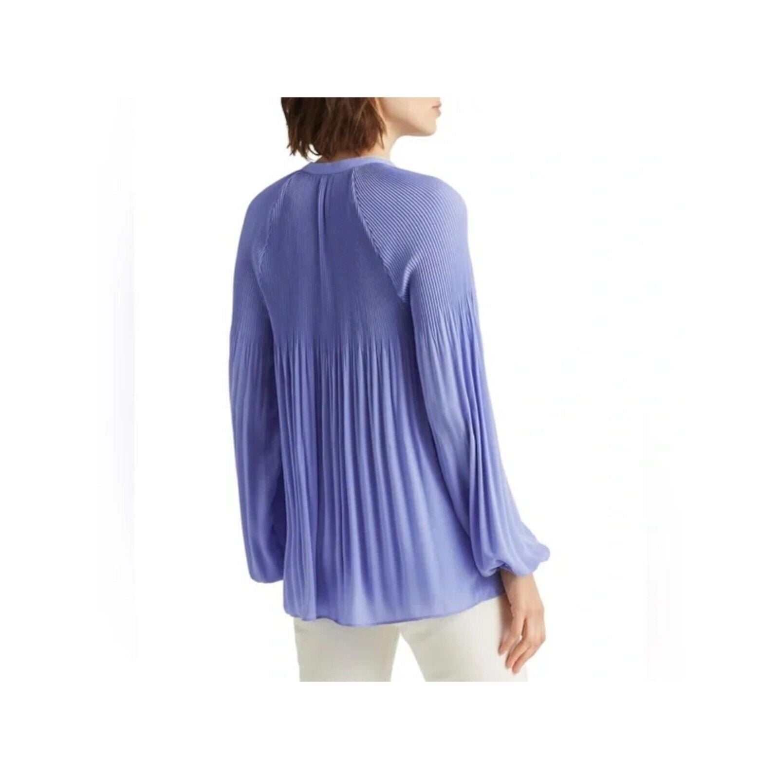 Ralph Lauren Blue Ribbed Sheer Curved Hem Button Blouson Sleeve Size XXL $135