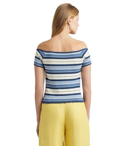 Lauren Ralph Lauren Womens Striped Off-The-Shoulder Blue Size L MSRP $125
