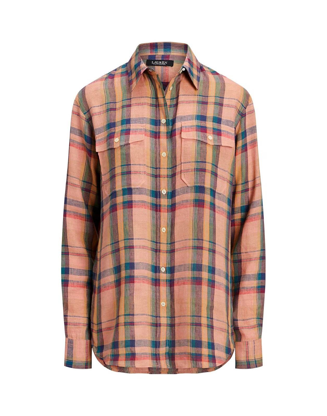 LAUREN RALPH LAUREN CHECKED PLAID LINEN SHIRT Pink Size M MSRP $145