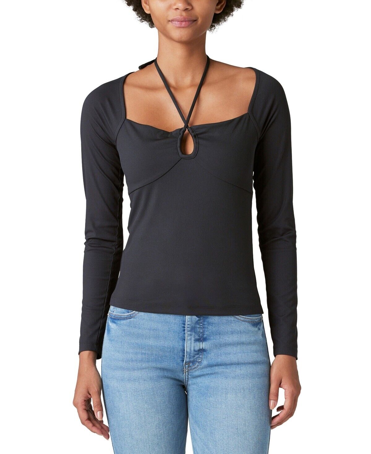 Lucky Brand Women's Ribbed Keyhole-Cutout Long-Sleeve Top Dark Gray Size L $60