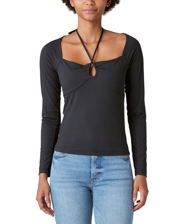 Lucky Brand Women's Ribbed Keyhole-Cutout Long-Sleeve Top Dark Gray Size L $60