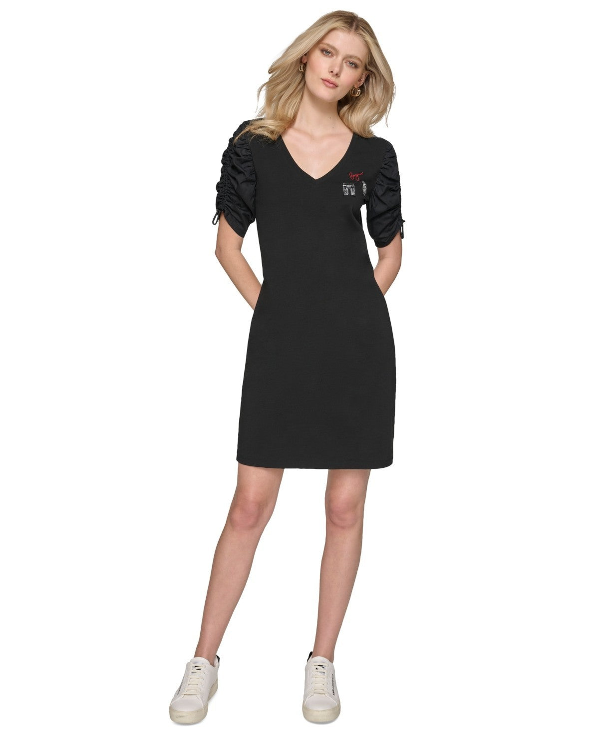 KARL LAGERFELD PARIS BLACK Ruched-Sleeve T-Shirt Dress SIZE XL $99