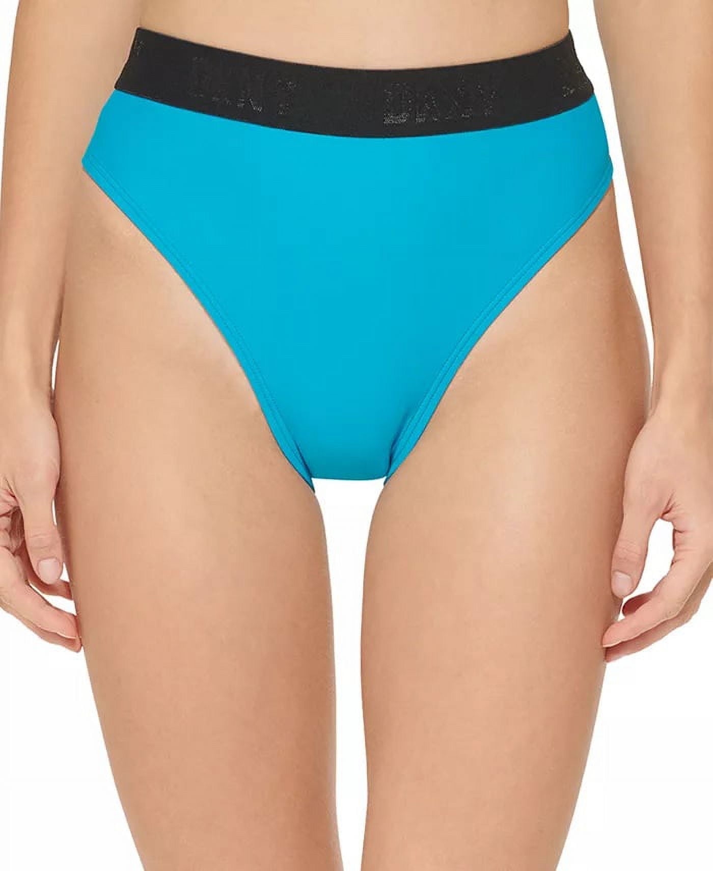 DKNY Women's Blue High-Waist Logo Bikini Bottoms Size L Blue