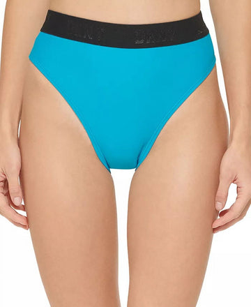 DKNY Women's Blue High-Waist Logo Bikini Bottoms Size L Blue
