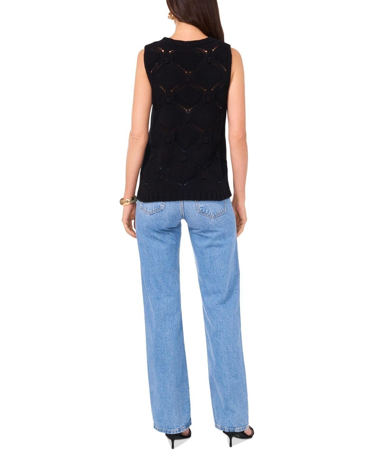 Vince Camuto Women's Crewneck Sleeveless Open-Stitch Sweater Black Size M
