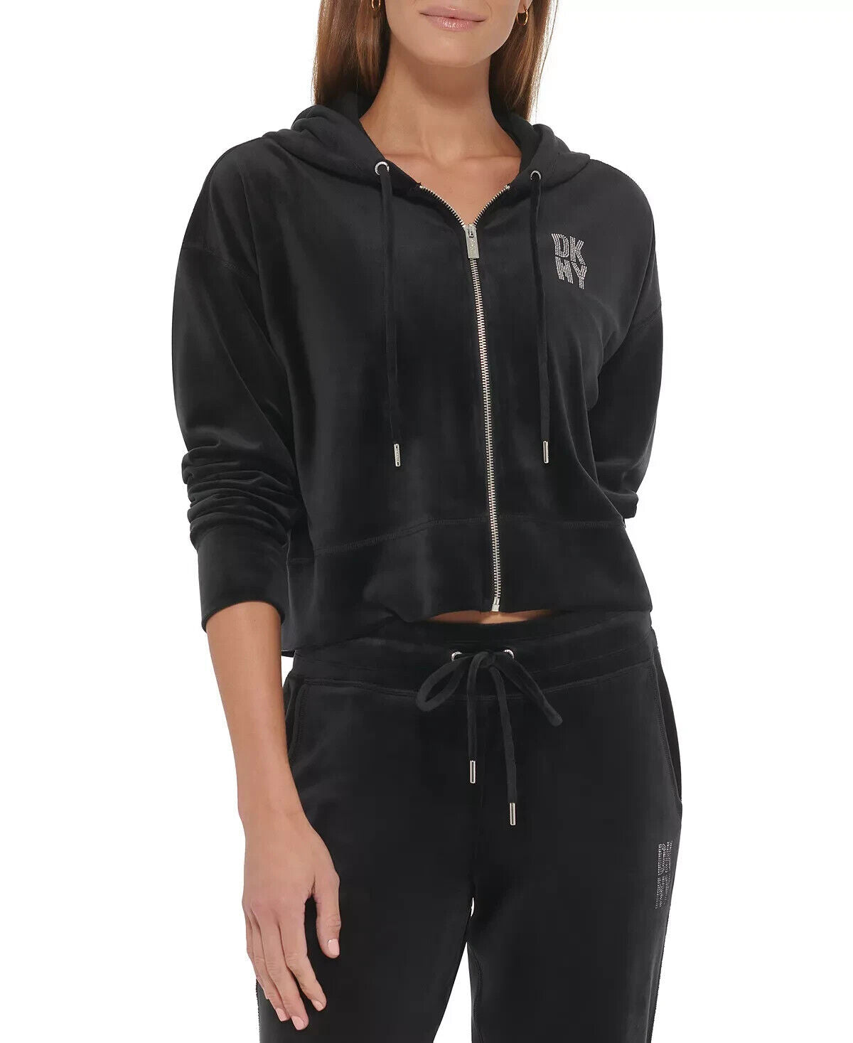 Dkny Sport Women Velour rhinestones Logo Zip-Up Hoodie Black Size S MSRP $80