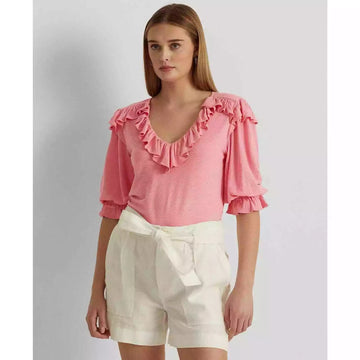 Lauren Ralph Lauren Women Ruffle-Trim Jersey Top Poolside Rose Pink Size XL $115
