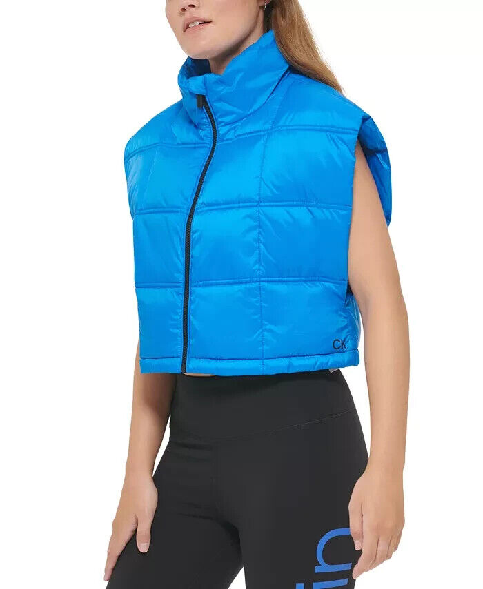 Calvin Klein Women's Cropped Mock-Neck Zip-up Vest Neon Blue Size M MSRP $80