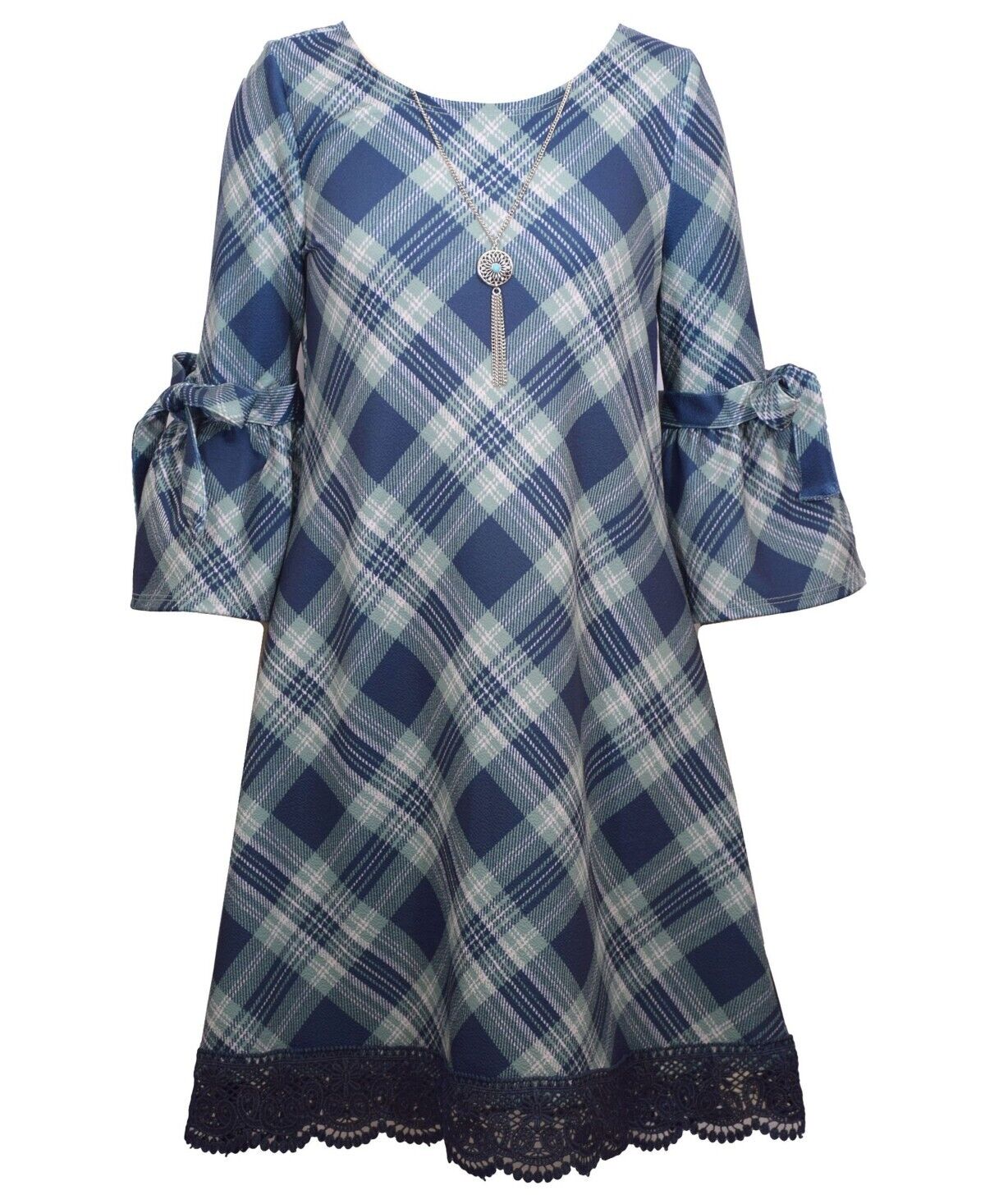 Bonnie Jean Bell Sleeve Plaid Blue Dress with Necklace Girls Size 16 MSRP $60