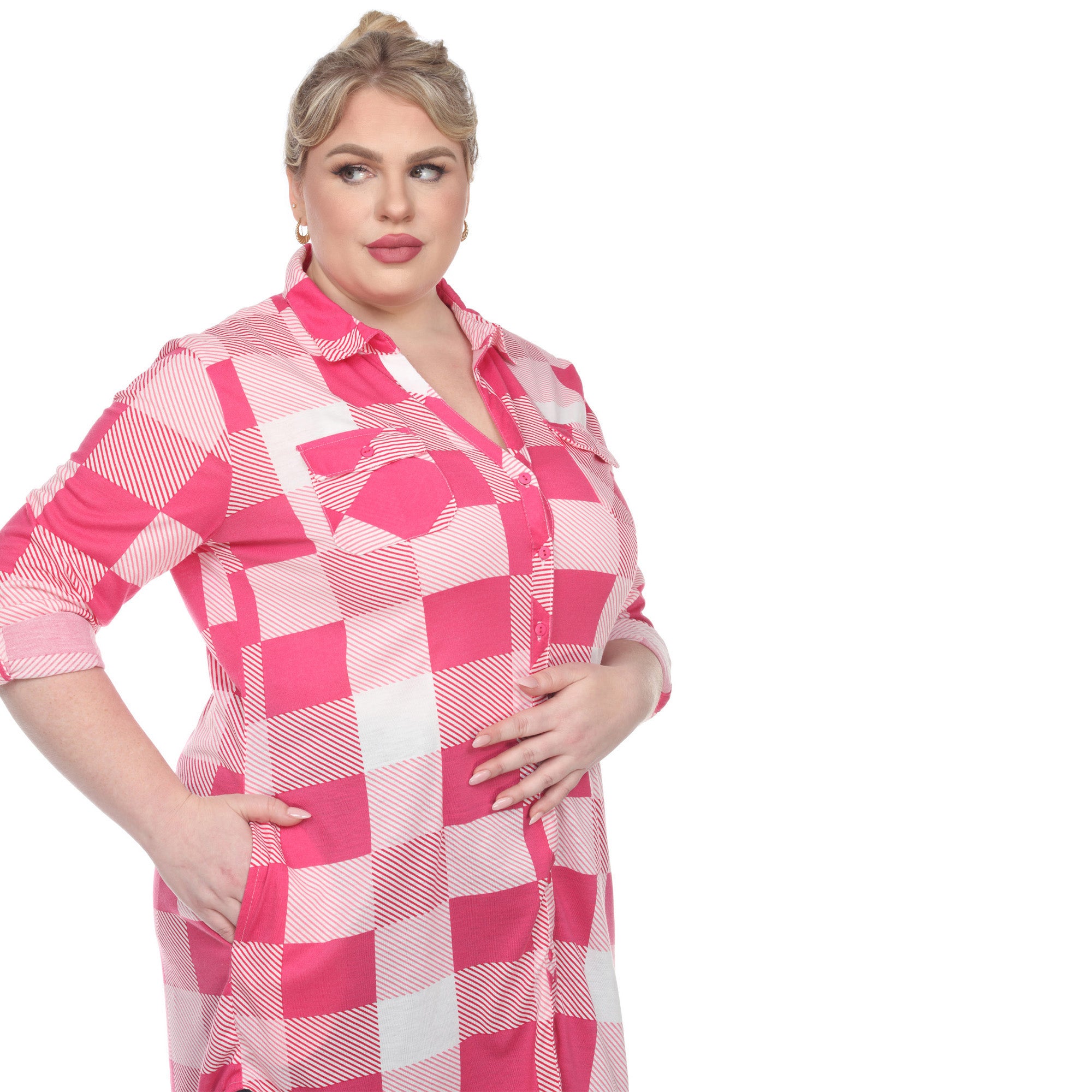 White Mark Women's Plus Size Buffalo Plaid Tunic Shirt Pink Size 1X