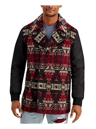 Sun Stone Mens Coat Small Pea-Coat Jacket Tribal Geomatric Print Red Size S