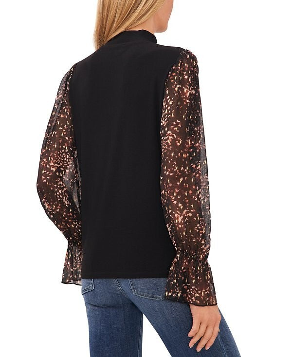 CeCe Women's Sheer Printed Long-Sleeve Mock Neck Top Black Size S MSRP $69