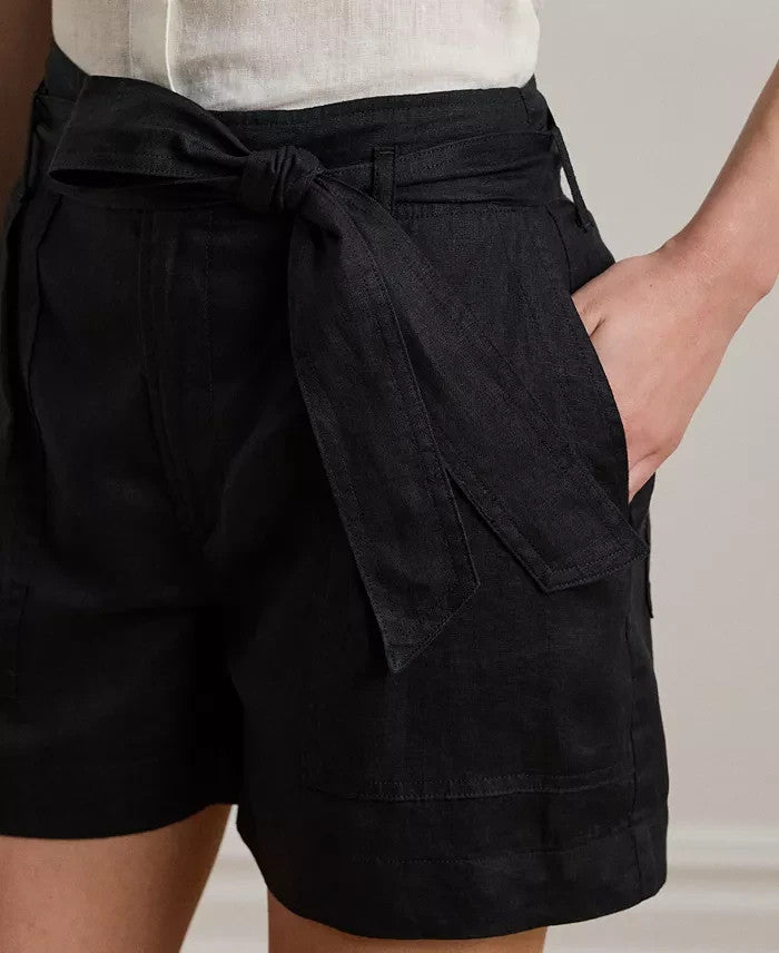 Lauren Ralph Lauren Women's Belted Linen Shorts Black Size 10 MSRP $80