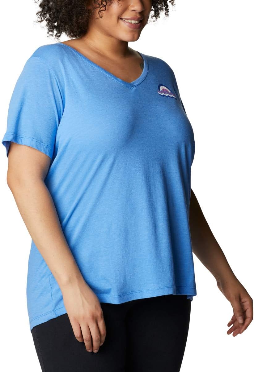 Columbia Women's Bluebird Day Relaxed V Neck, Harbor Blue Heather, 2X Plus Size