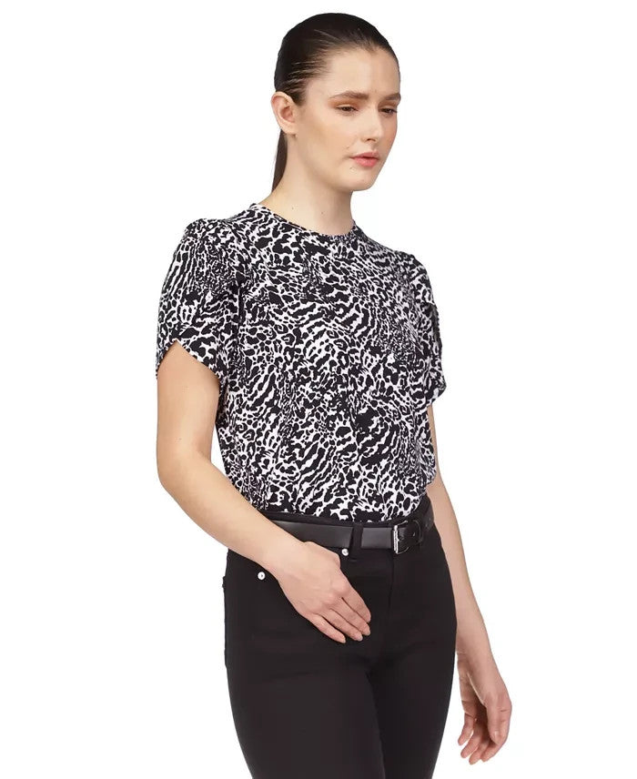 Michael Kors Women's Animal-Print Petal-Sleeve Top Black Size L MSRP $74