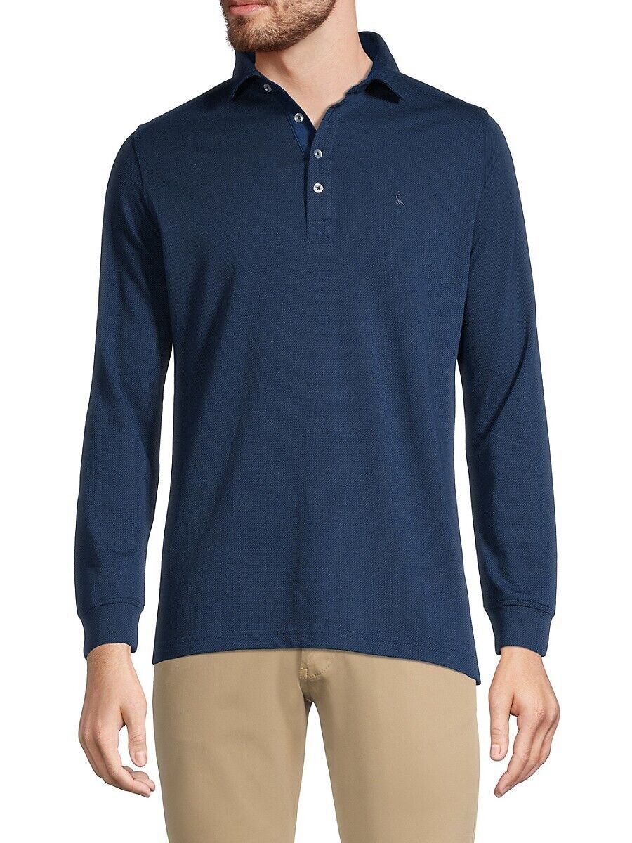 TailorByrd Men's Long Sleeve Twill Knit Polo shirt - Navy Blue- Size M