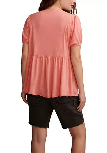Lucky Brand Short Sleeve Crochet Babydoll Knit Top Pink Size M MSRP $90