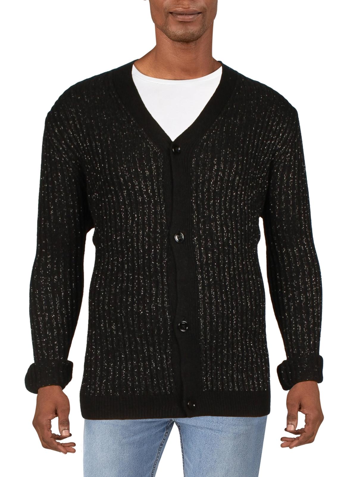INC Mens Metallic V-Neck Cardigan Sweater Size XS Black