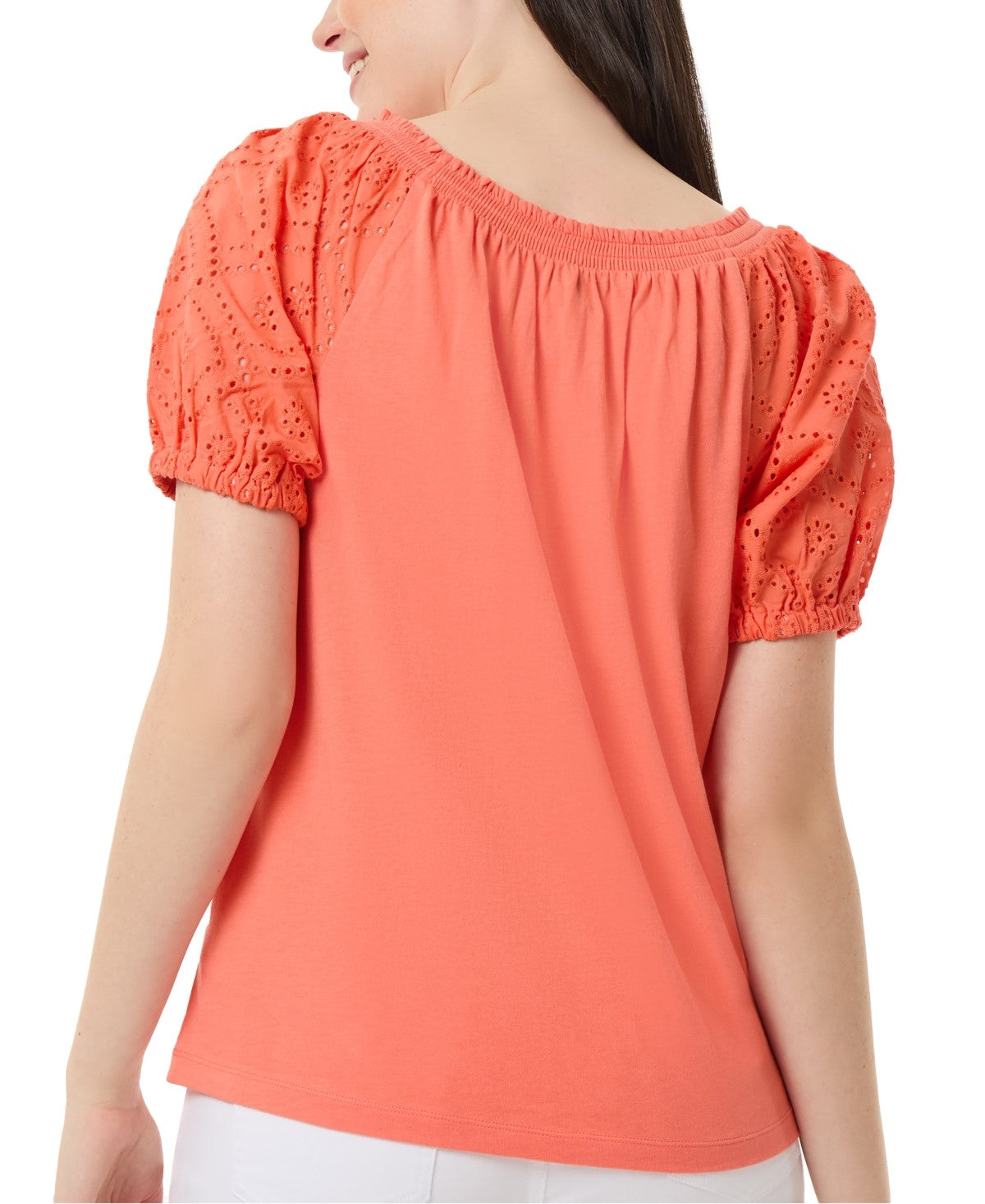 Jones New York Womens Petites Emrbroidered Smocked Pullover Top Size PM Orange