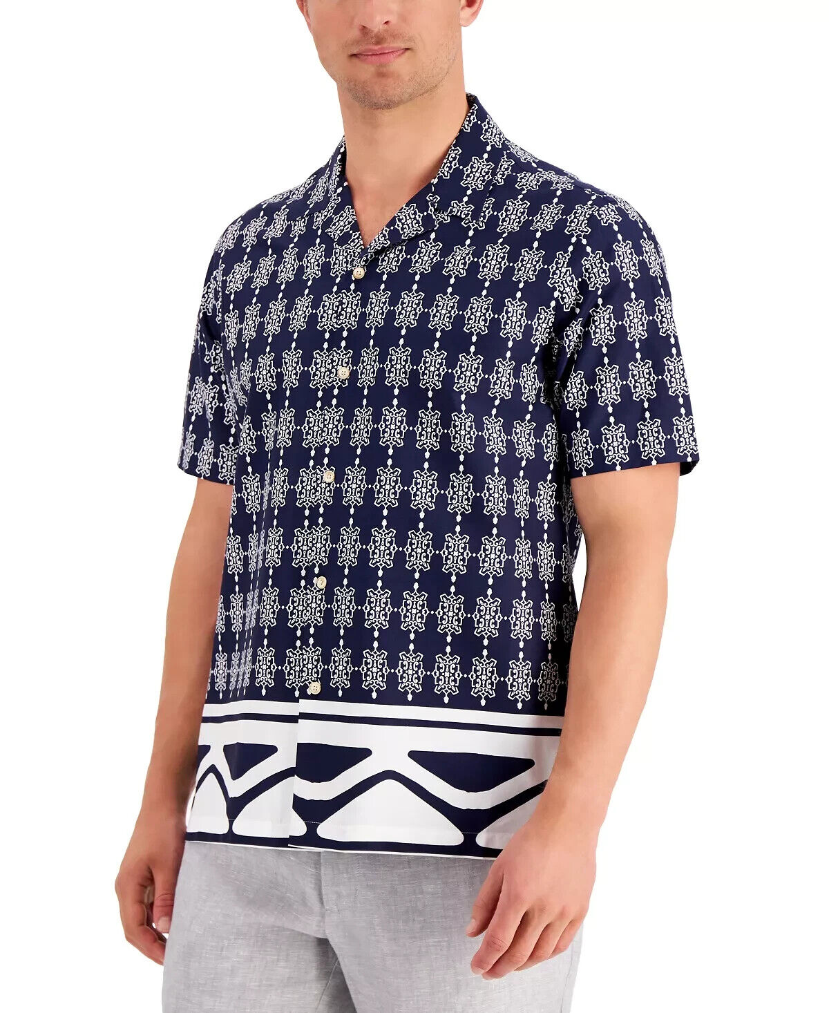 TASSO ELBA Men's Mediana Geometric-Print Cotton Shirt Navy Blue Size XL MSRP $55