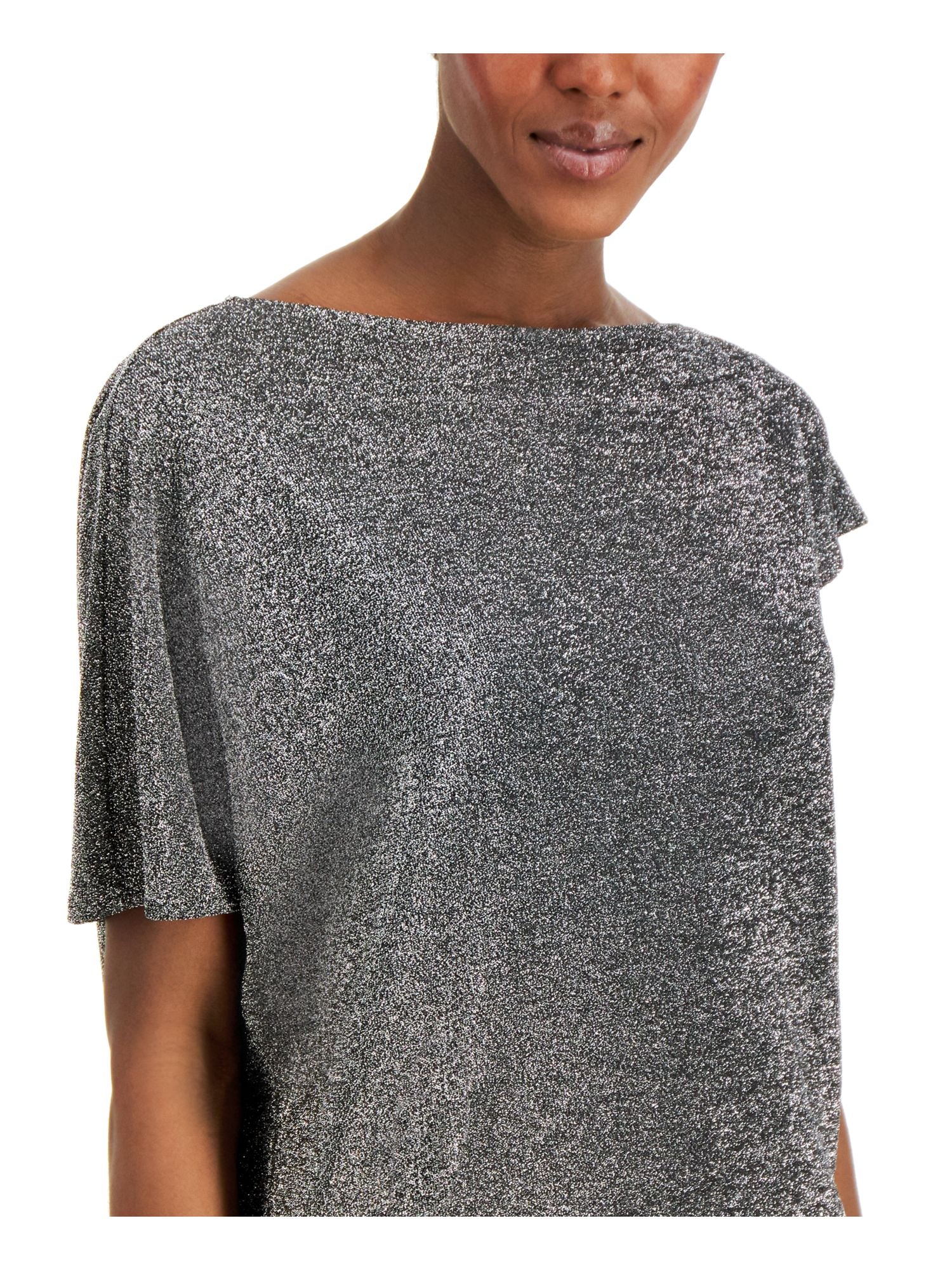 ALFANI Womens Silver Glitter Metallic Accents Short Sleeve Boat Neck Top Size XL