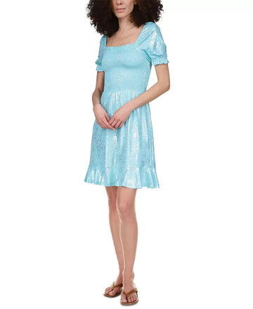 Michael Kors Foil-Print Smocked Peasant Dress Turquoise Blue Size L MSRP $125