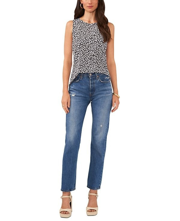 Vince Camuto Women's Floral Crewneck Split Back Keyhole Tank Top Black Size L